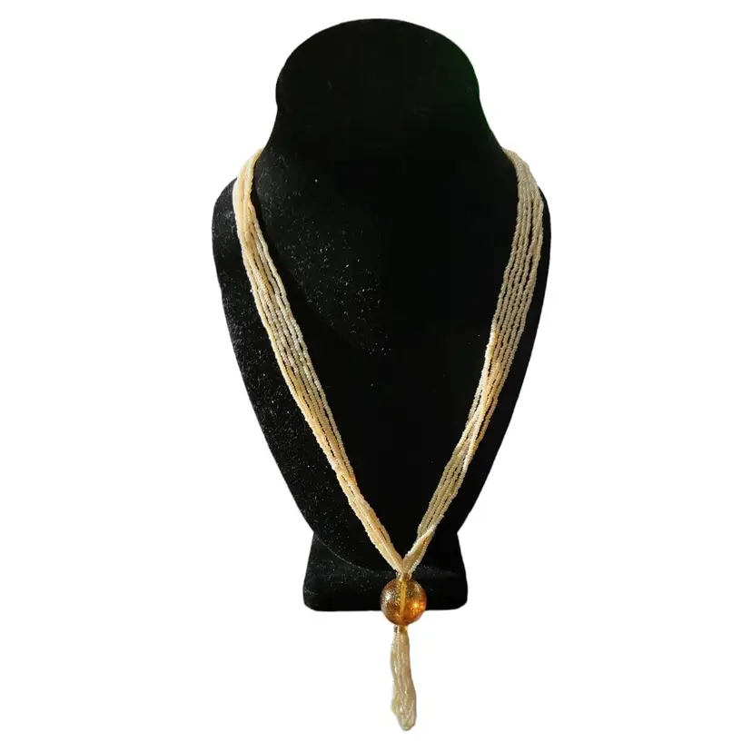 Vintage Glass Seed Y Necklace 5 Strand Ball Drop Gold Fleck Sphere