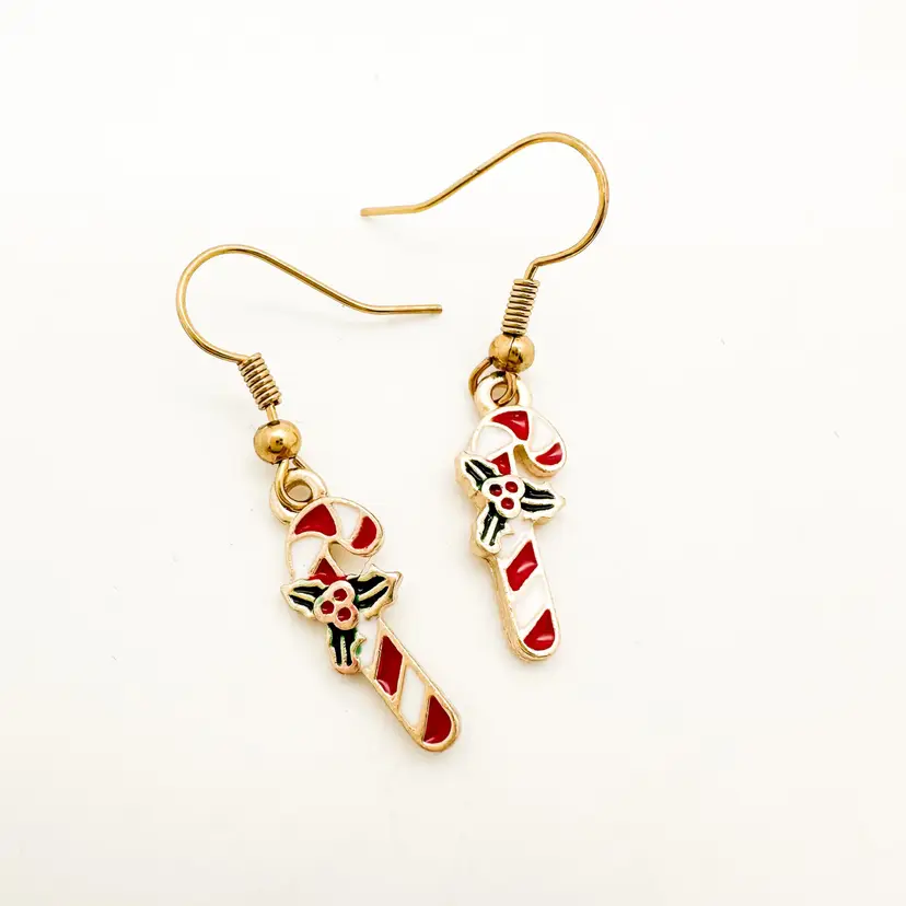Christmas Candy Cane Gold Tone Enamel Earrings
