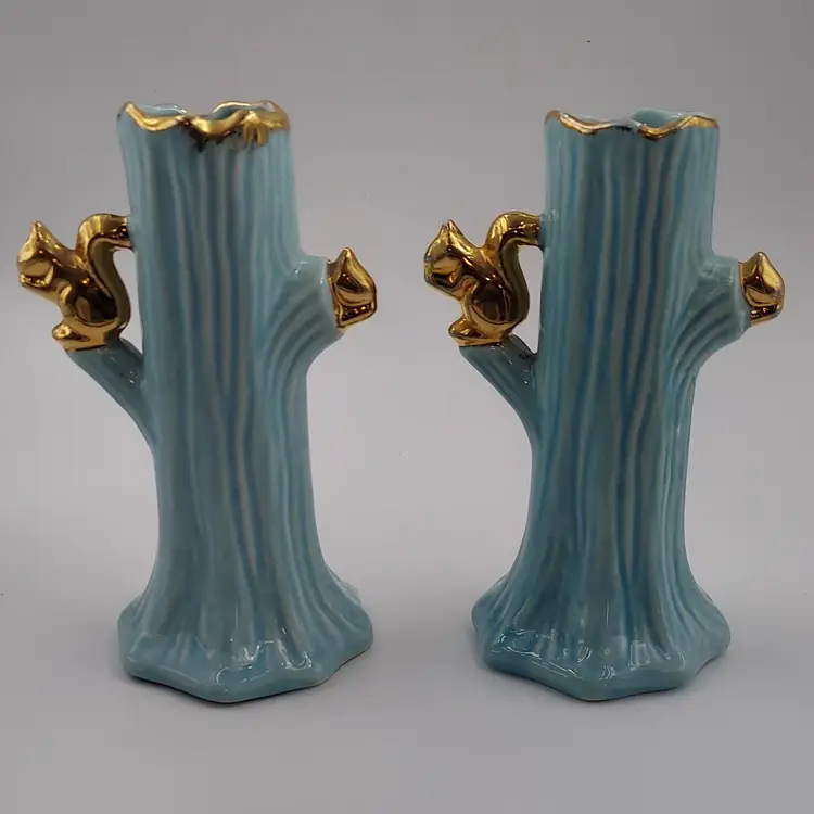 SQUIRREL on Tree Bud Vases Pair Light Blue & 22k Gold