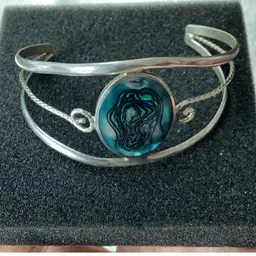Vintage Mexican Alpaca Adjustable Cuff Bracelet Abalone Cabochon Sz 6 / 6.5