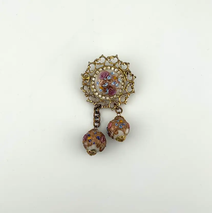 Vintage Gold Tone Mid Century Venetian Glass Wedding Cake Bead Brooch 3.25βx 1β