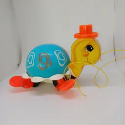 Vintage Fisher Price Tip Toe Turtle Pull Toy - #773, 1970s, blue, red yellow - c