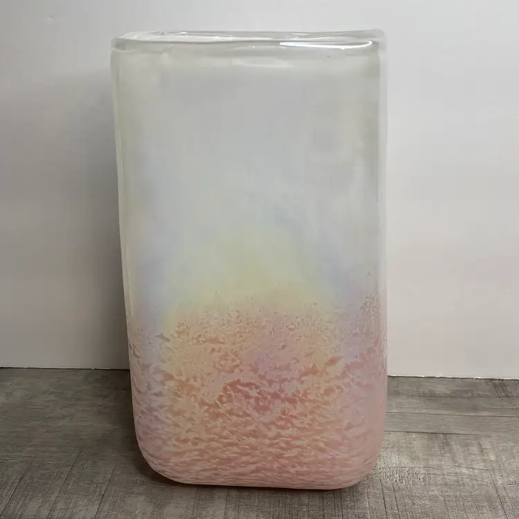 Pink White Rainbow Iridescent Collectible Art Glass Tall Rectangle Vase 9 in
