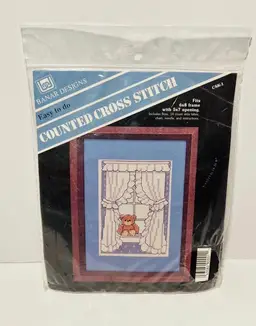 Banar Counted Cross Stitch Kit Stuffed Bear on Windowsill Vintage Craft 5x7