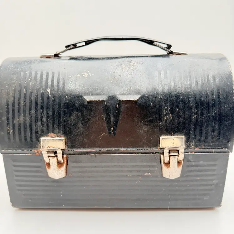 Very Old Black Thermos Metal Lunch Box With Latch Closure