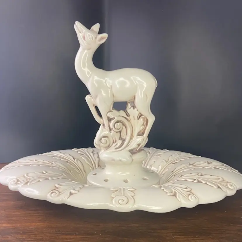 Fantastic Vintage Red Wing Pottery Deer Flower Frog With Console Bowl #526, 2 Pcs, 10” Tall