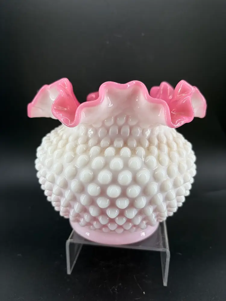 Vintage Pink hobnail Glass Vase with a ruffled opalescent rim