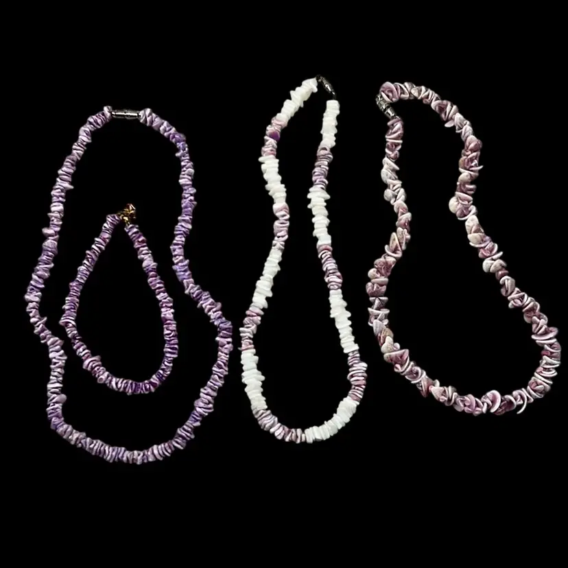 Vintage Cebu, Puka Shell Chip Necklace Lot & Bracelet Lot Of 4 Lavender White #B-14