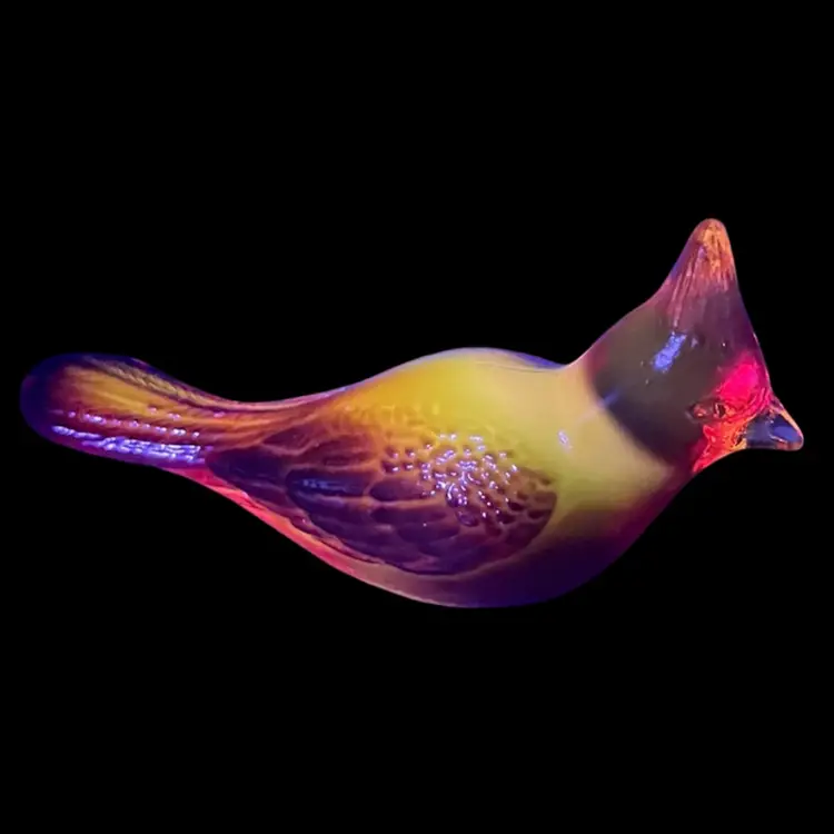 Fenton Cadmium Glass Cardinal Figurine, Fenton Red And Orange Glass Cardinal Figurine, Fenton Cardinal UV Glow Glass, Vintage Fenton Glass Figurine, Fenton Bird Figurine