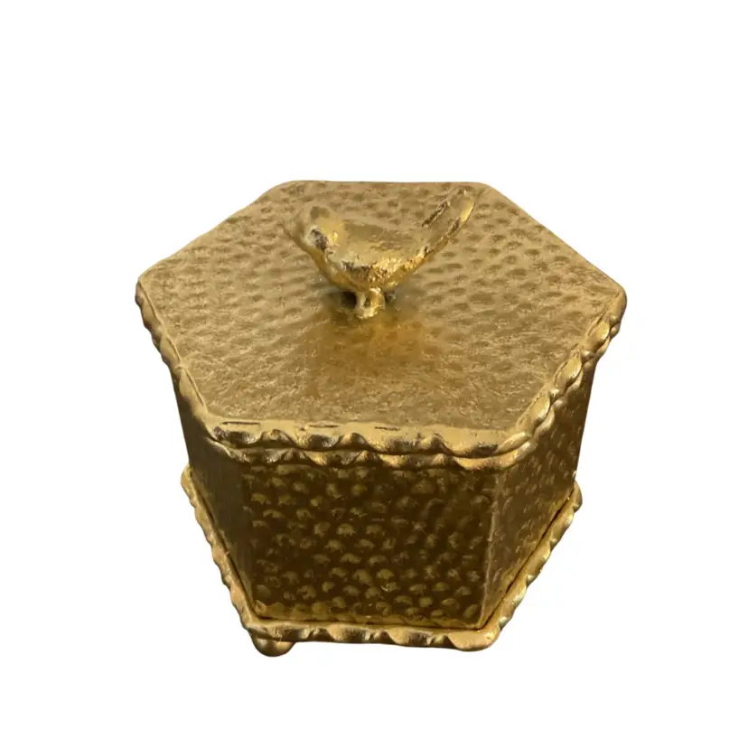 🎉Hexagon Textured Gold Metal Body With Small Bird Finial Trinket Box