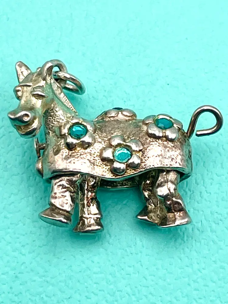 Vintage Pantomime Horse Charm Sterling Silver w Blue Gems/Gemset - articulating legs and tail move - hallmarked NUVO Extremely RARE