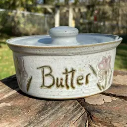 Hand-made, Lidded Pottery Butter Crock With Slot For Knife (not included). Artist Signed & Dated “Best 90”. 4 7/8”w x 2.75”h.