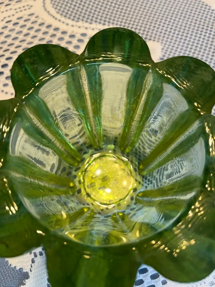 Recycled glass art glass candle holder green 

4”x 4.75”