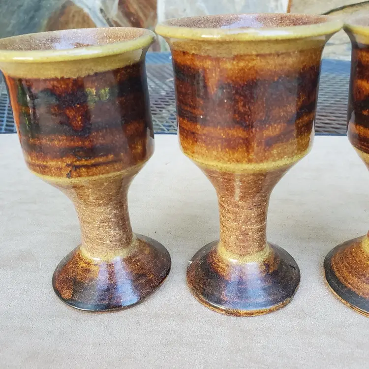 VTG Artist Studio Pottery Goblets Cups Brown Ezrth Tones 5" Set Of 4 1960's