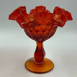 Vintage Fenton Red/Amberina Glass Ruffled Rim Thumbprint Pedestal Candy Dish/Compote UV Reactive