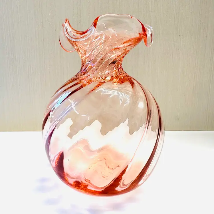 Art Glass Pink Bud Vase Murano Alessandro Coppola Swirl Ruffled Rim