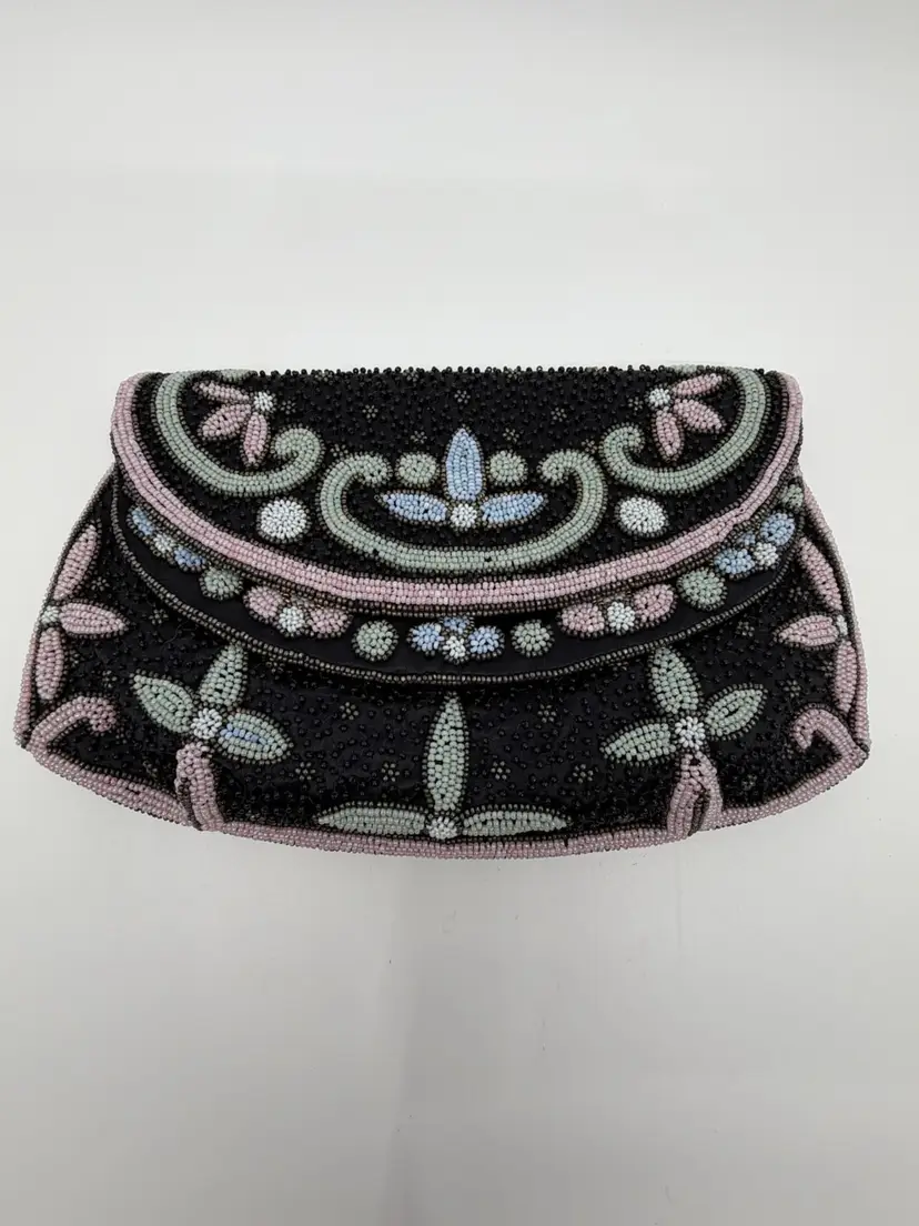 Vintage Floral Beaded Art Deco Fold Over Snap Closure Clutch Purse