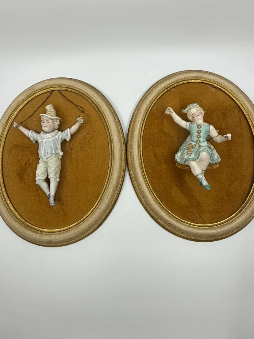 2 Vintage 3D Framed & Velvet Matted Wall Plaques Bisque Swinging Boy&girl Figures