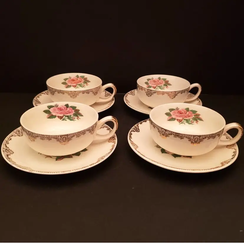American Rose Cups Saucers Paden City Pottery Pink Roses Gold Vintage 4 sets