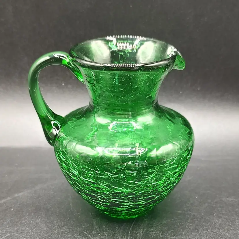 Vtg Hand Blown Green Round Crackle Glass Creamer