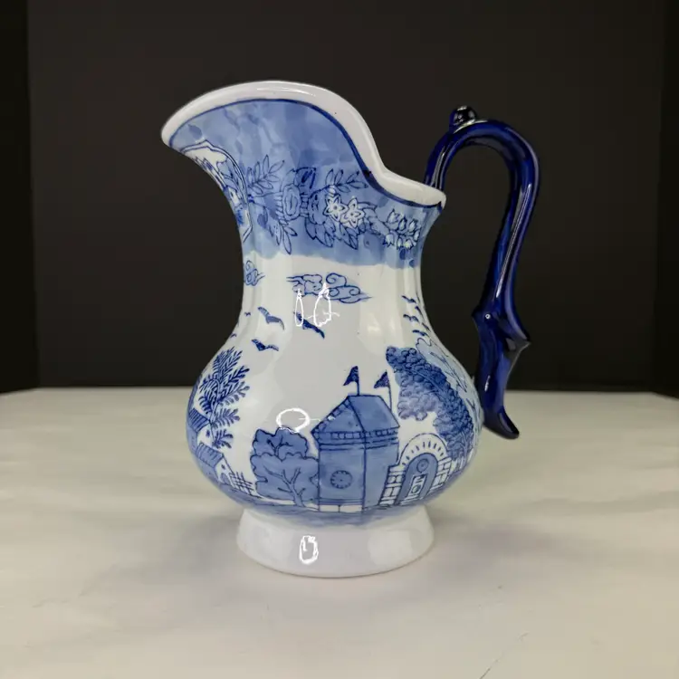 Vintage Blue White Asian Design Porcelain Pitcher Vase