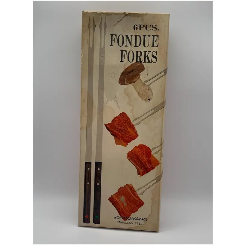 VTG Fondue Forks Coronado Stainless With Wood Handles Includes Old Handwritten Recipe For Beef Fondue