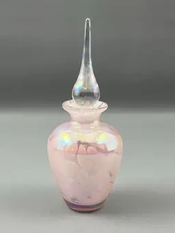 Vintage Iridescent Pink Glass Perfume Bottle w/ Stopper Art Glass Vanity Decor 5.75"
