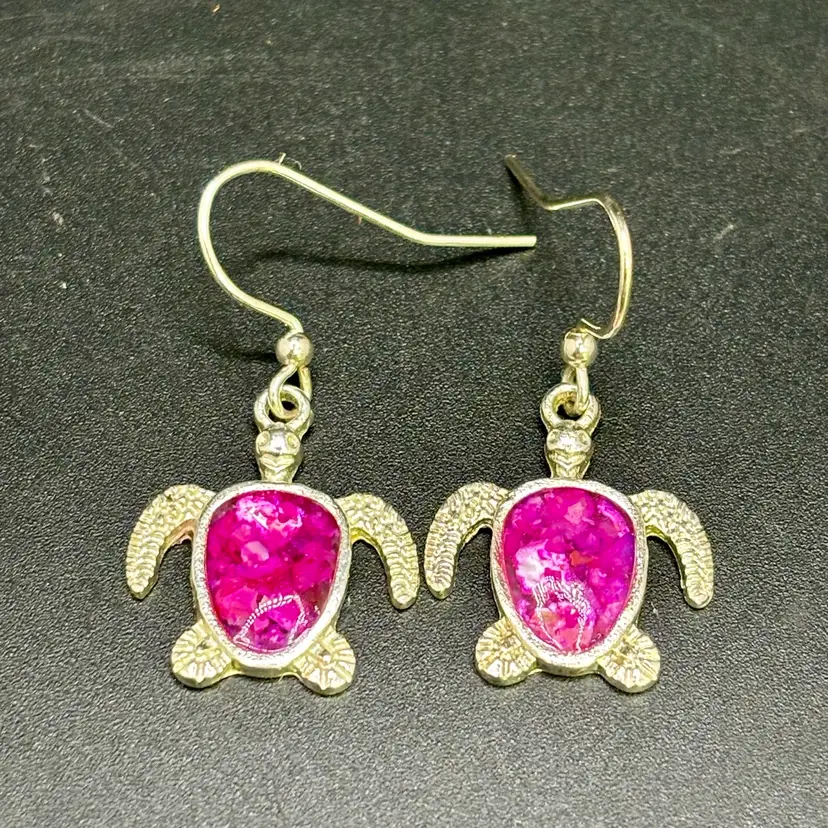 Silver Tone and Pink Stone Turtle Drop Pierced Earrings