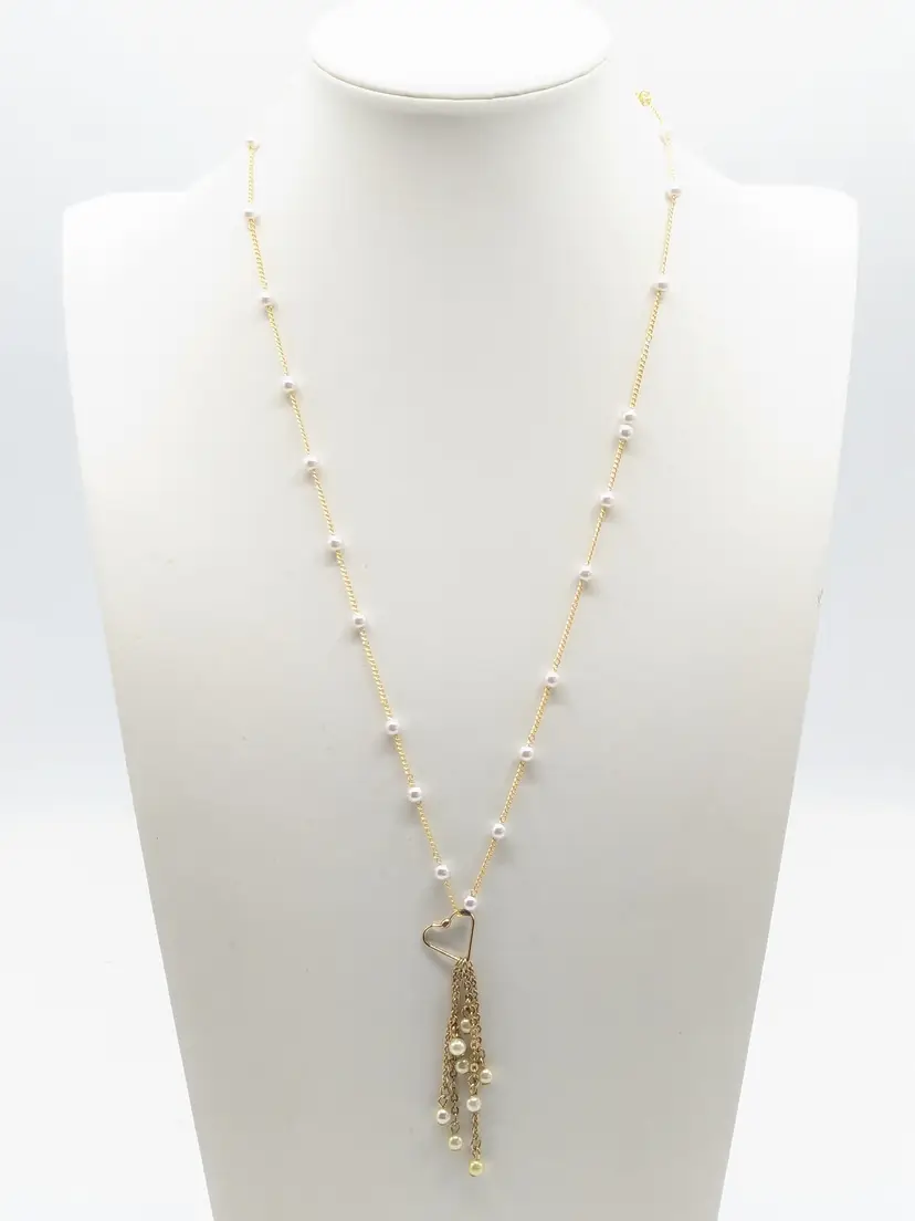 Gold Tone Faux Pearl Heart Tassel Necklace