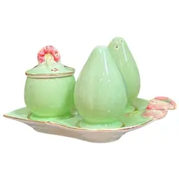 ANTIQUE Salt & Pepper, 
Lidded Mustard Pot/ Spoon on Tray
 Grimwades By Royal Winton England 
Lilly Theme Pale Green "A England Numbered