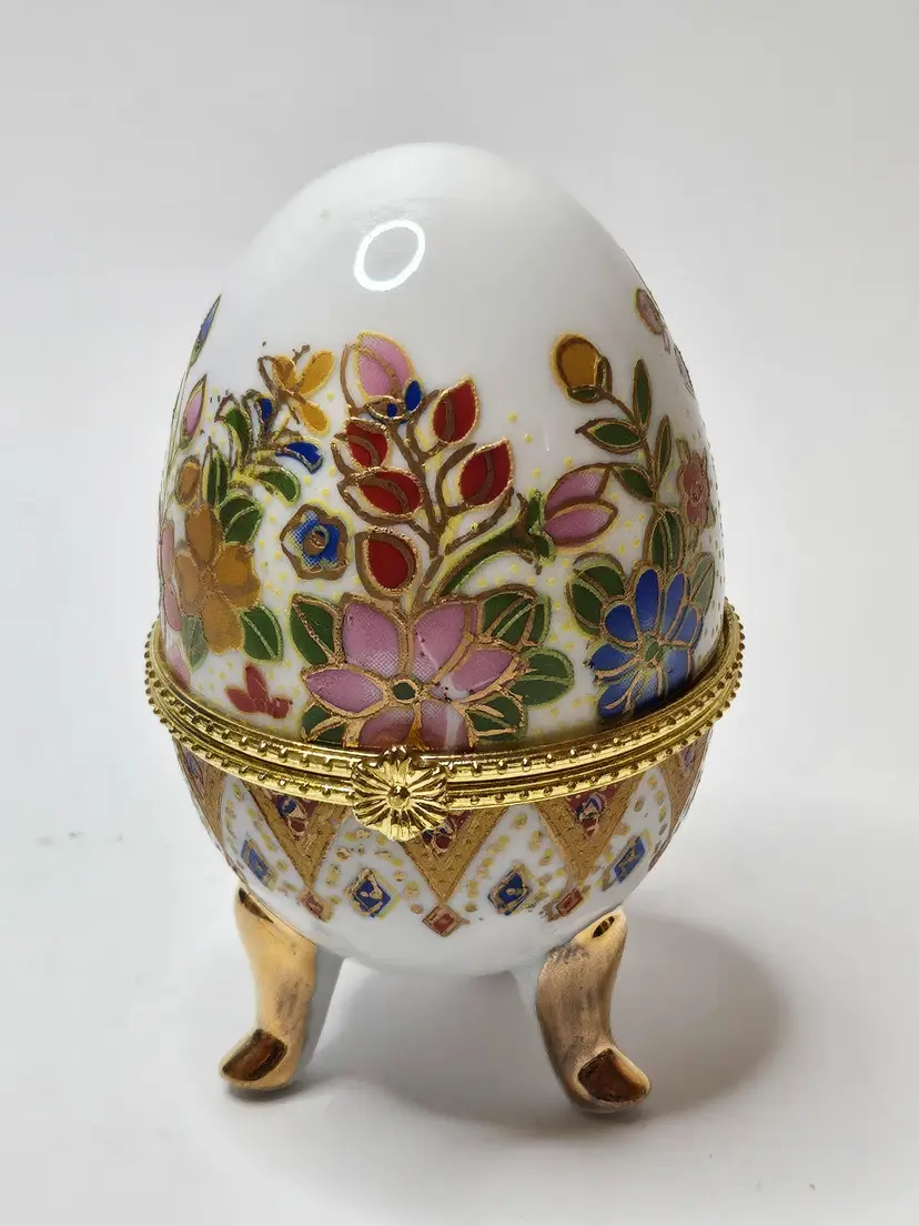 Vintage Porcelain Egg Shaped Hinged Trinket Box Multi Color Floral Gold Footed