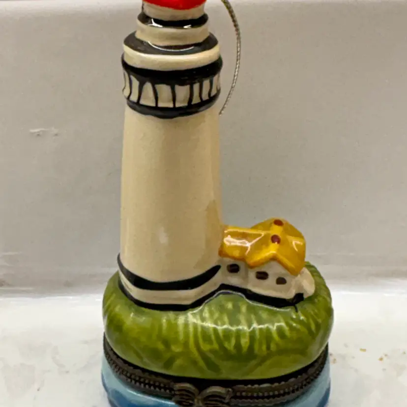 Lighthouse Hinged Trinket Hidden Box Ceramic Ivory And Black