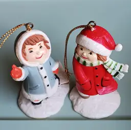 Vintage 1989 Action Industries Winter Children Pair of Christmas Ornaments