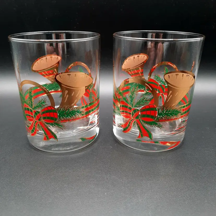 Vintage Culver Christmas Yule Horn Cocktail Glasses Set Of 2 Plaid Ribbon French Horn