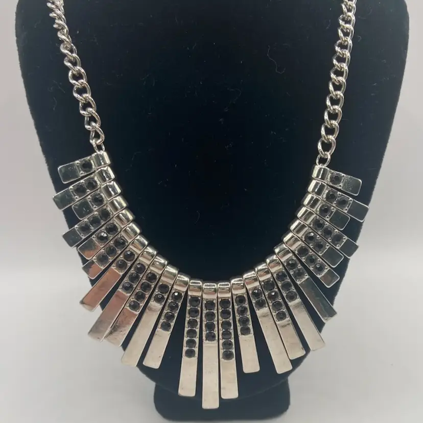 Silver Tone And Black Rhinestone 18β Necklace, Unmarked