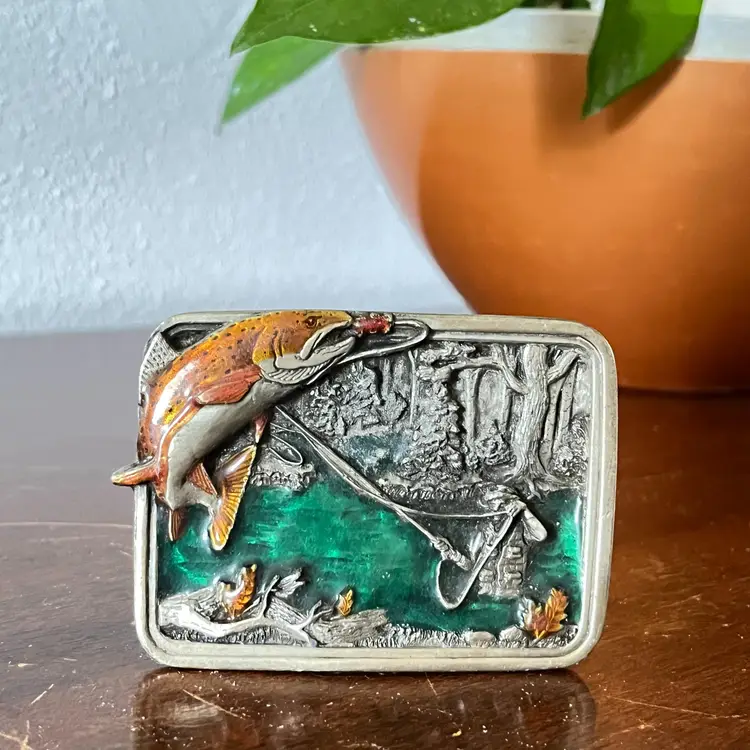 Vintage 1983 Bergamot Brass Works Wisconsin Belt Buckle 3D prob pewter trout fly fishing P-146 Made in USA