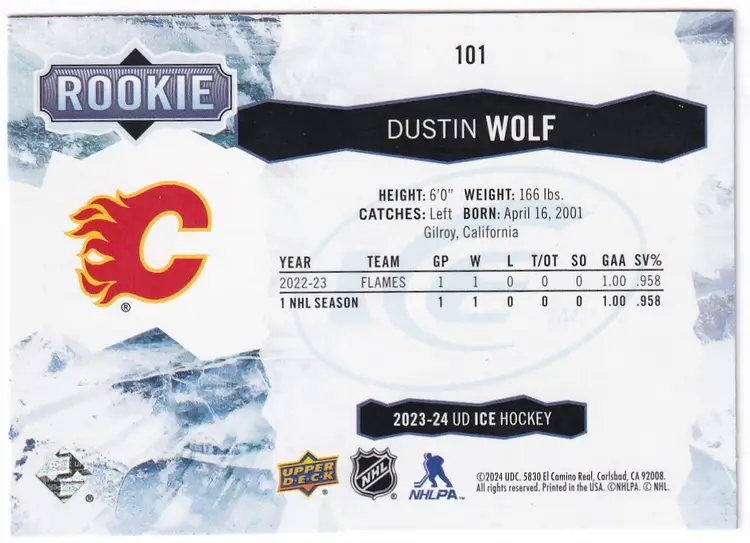 2023-24 Upper Deck Ice Green #101 Dustin Wolf Calgary Flames Hockey Card