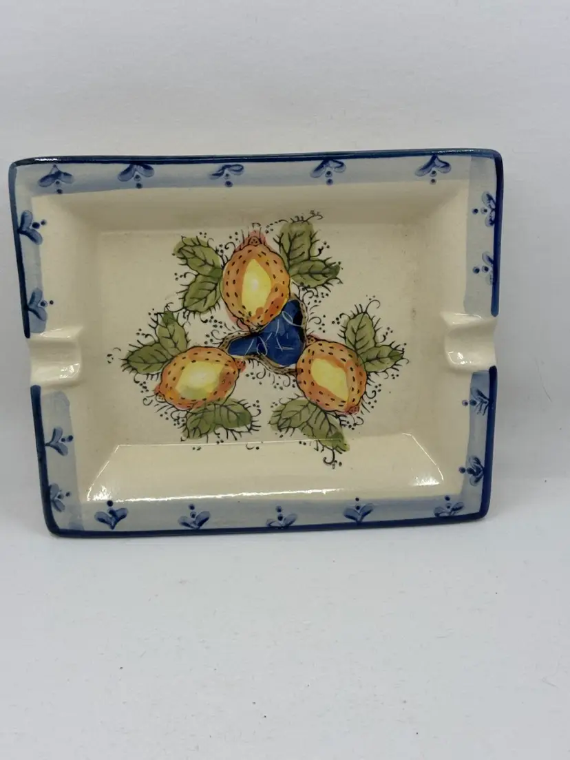 Hand-painted ceramic ashtray with lemons and blue floral border