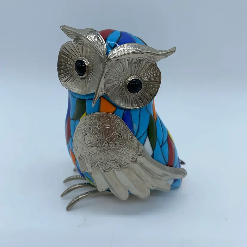 #1408 A colourful mosaic Pattern ceramic owl figurine with silver-toned metal accents Stamped Made In Ecuador