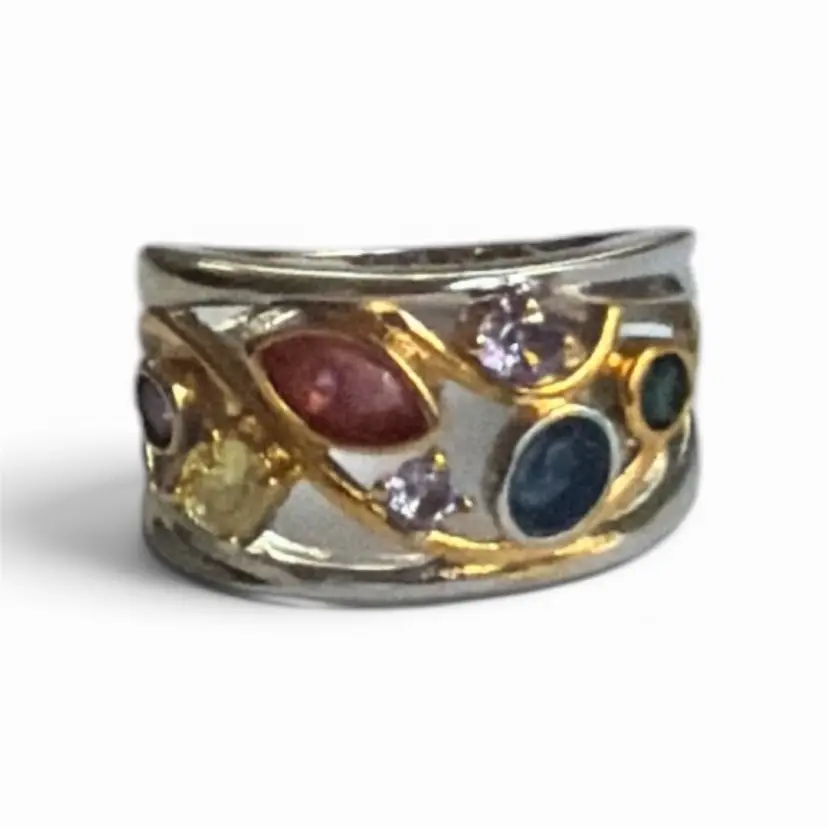 925 Sterling Silver And Gold Tone Rhinestone Topaz Amethyst Ring Size - 6.5