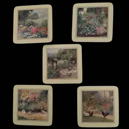 5 Cork Back Coasters Flower Garden Chickens Birds Cottagecore Vintage
