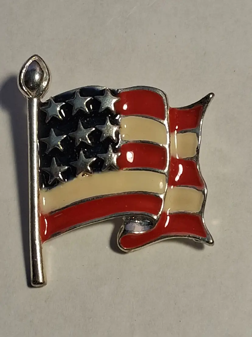 Vintage Enameled Silver-Toned American Flag with Flag Pole Brooch