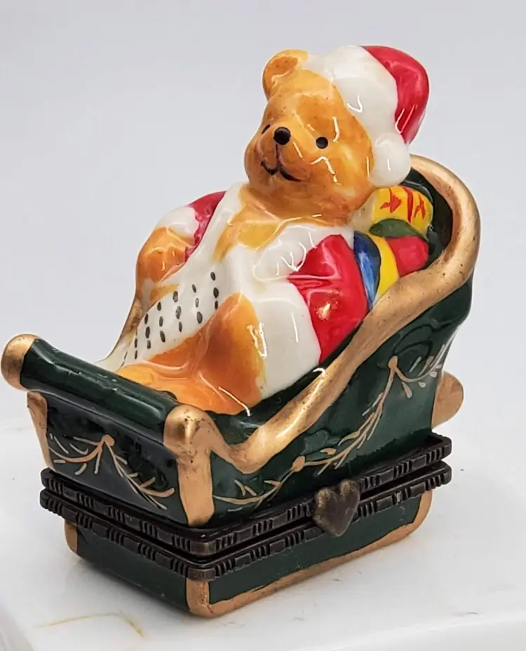 Teddy Bear Santa Porcelain Trinket Box Christmas