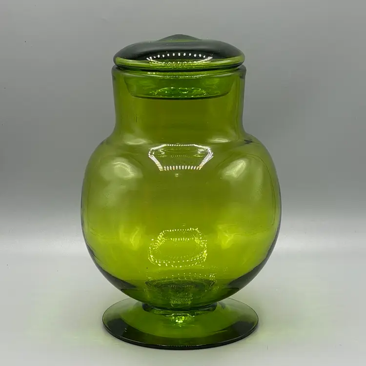 Blenko Apothecary Jar Footed Lidded #7423 Olive Green Nickerson Design 1970s