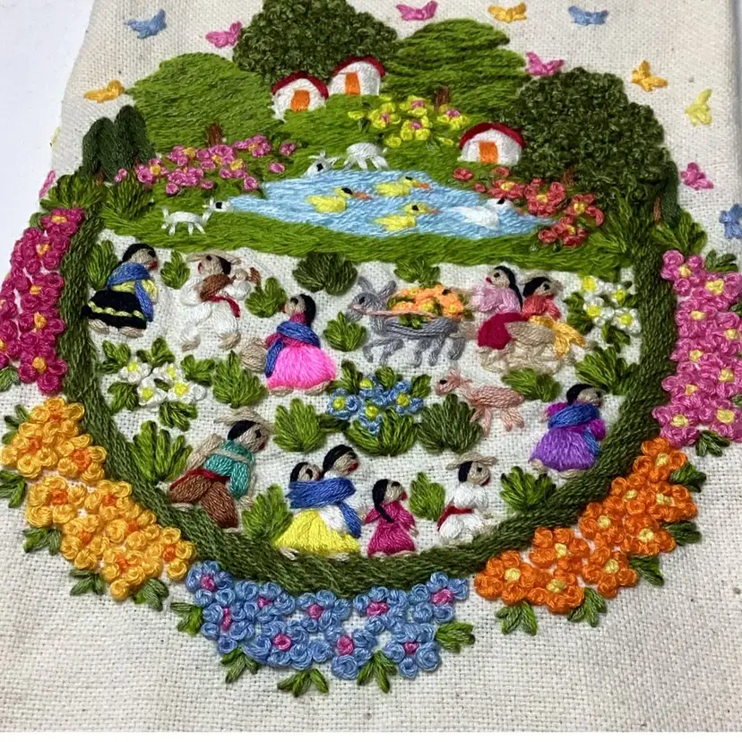 Vintage Mexican Folk Art Hand Made Decorative Embroidered Kitchen Or Bathroom Towel 22” Long And 14.5”