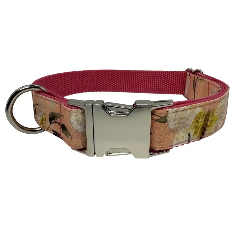 Dog Collar Pink Butterfly Surprise Large Handmade Heavy Duty Metal Buckle NEW
