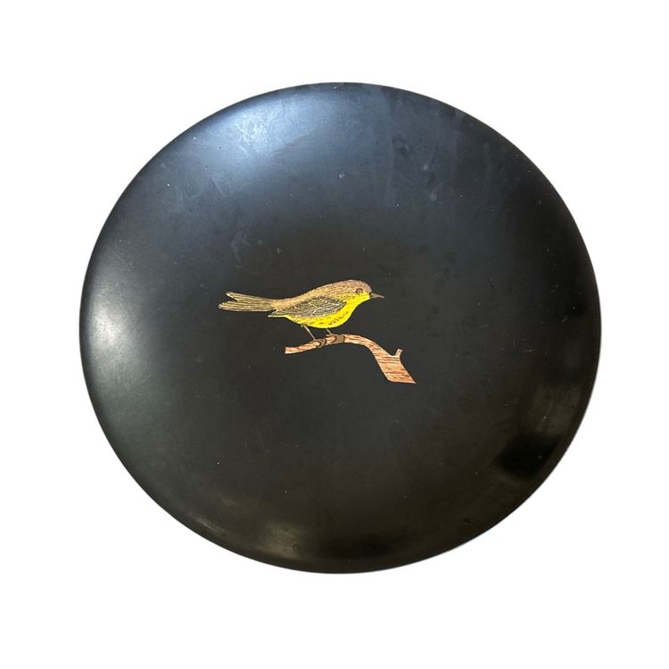 Couroc MCM Monterey 8" Bowl Tray Dish Bird Black Inlaid Gold Yellow