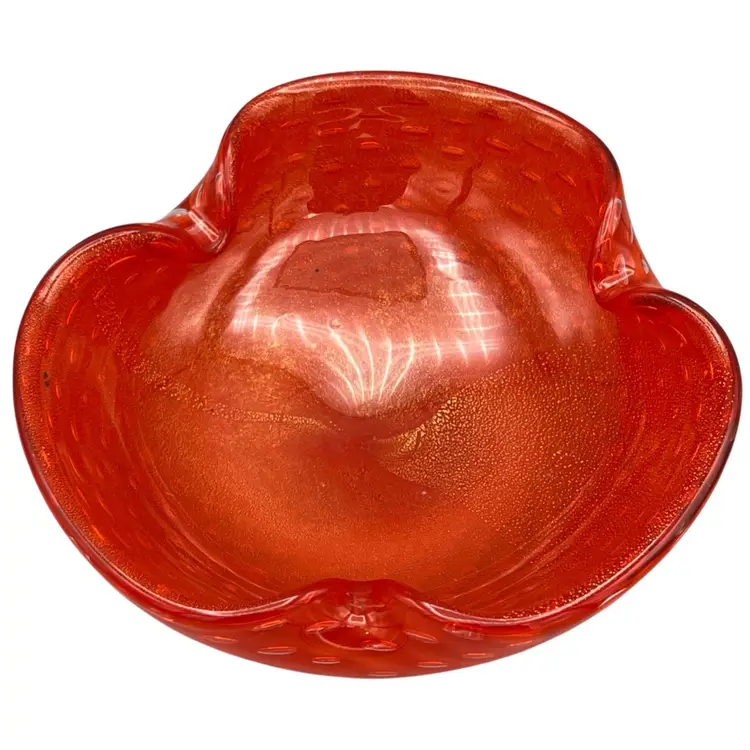 Vtg Art Glass Heavy Ashtray or Candy Dish Gold Aventurine Controlled Bubbles Red