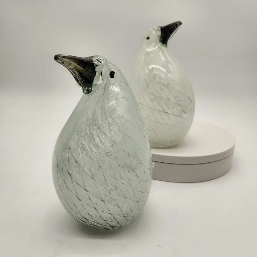 Glass Penguin Figurines Set of 2 Clear White Swirl Hand Blown Art Decor Vintage