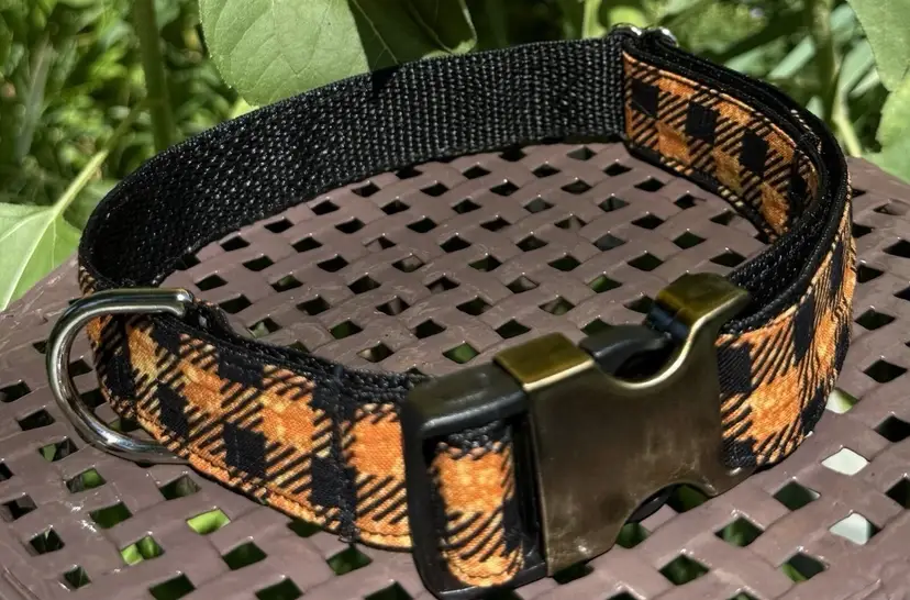 Dog Collar Orange Plaid Fall Halloween Large Handmade Heavy Duty With Buckle NEW